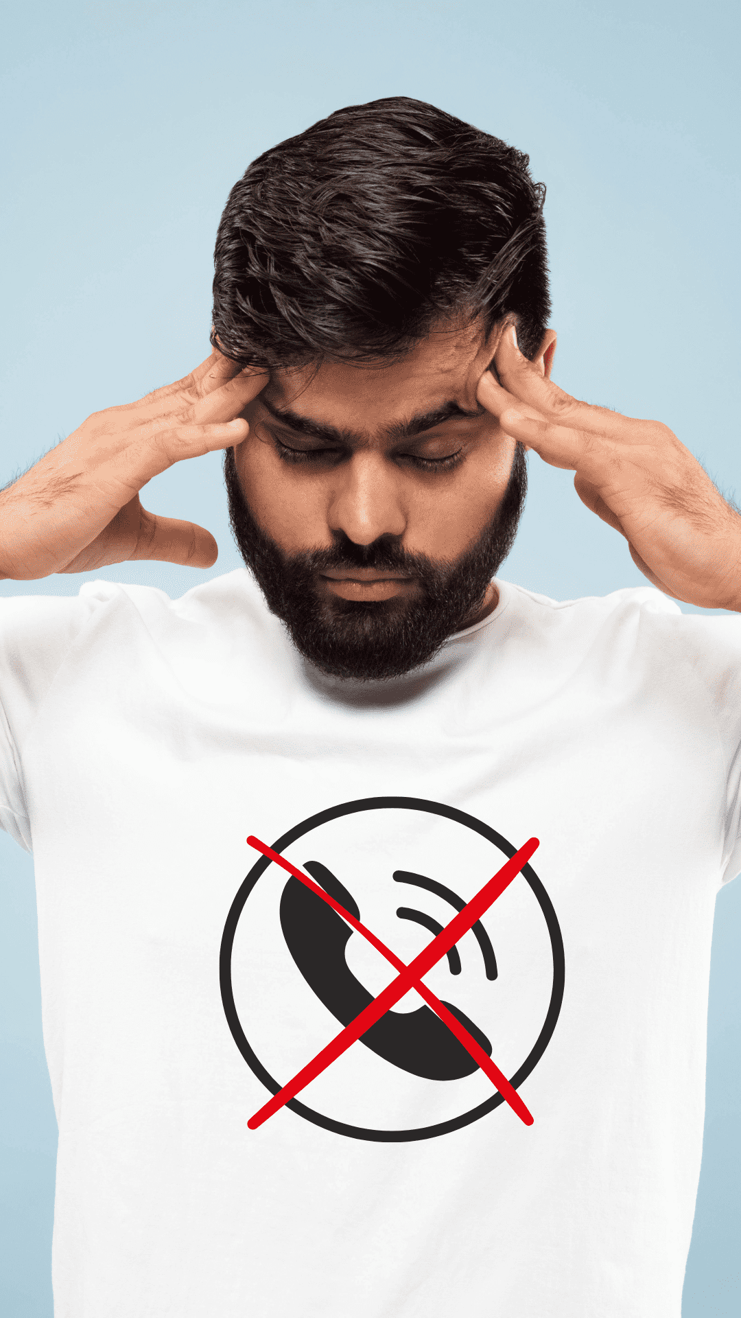 Close up portrait of young indian man in white shirt. Concentrating, suffering from headache image